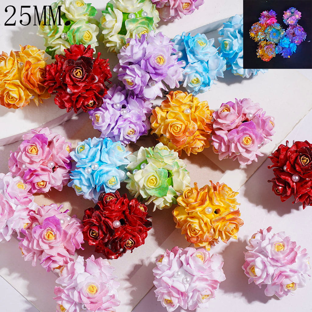 Luminous and Ombre Color Blooming Flower with Yellow Stamen Clay Beads, White Pearls, 25MM, Random Mix, Multi-Color