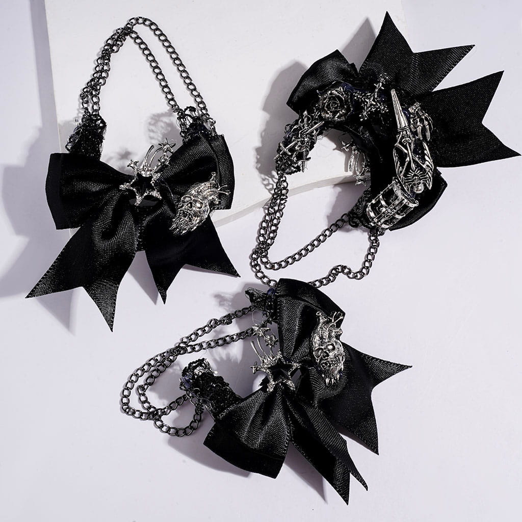 Gothic Black Crescent Moon Fabric Acrylic Beads, Metal Skull Cross Hand Birdcage Fabric Bow Star Rose Flower, Gun Black Chain