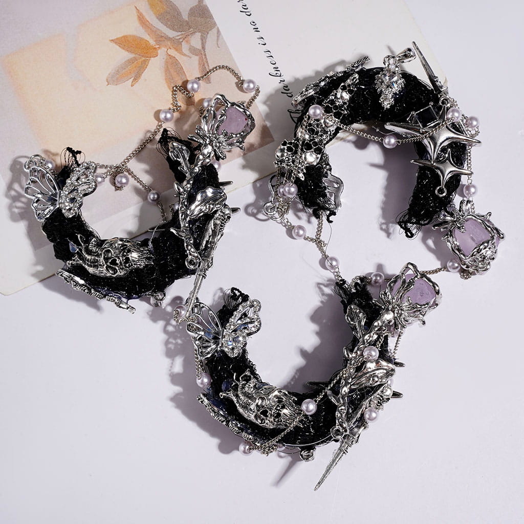 Gothic Black Crescent Moon Fabric Acrylic Beads, Metal Skull Star Flower Butterfly with Rhinestone, Silver Chain with White Pearl