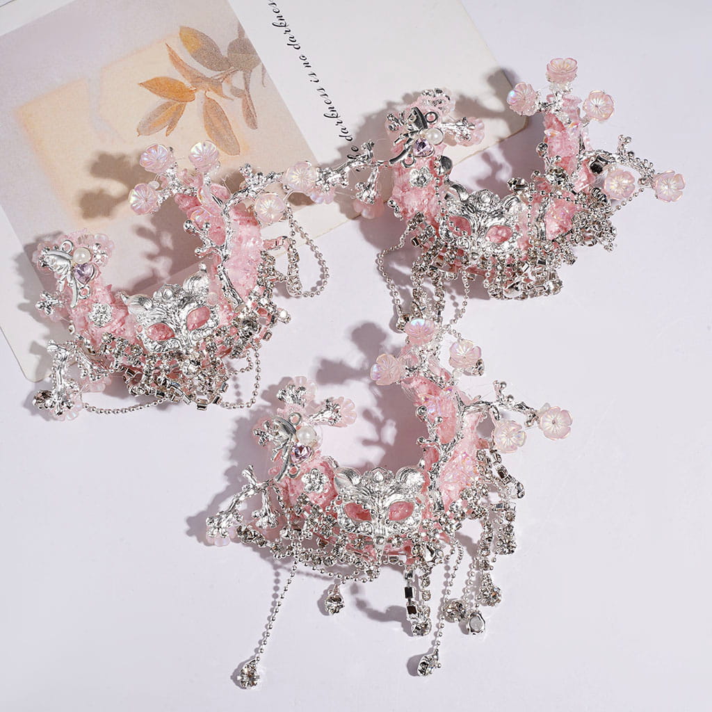 Pink Crescent Moon Fabric Acrylic Beads w Clear Rhinestone Tassel, Metal Fox Mask & Branch w UV-Coated Peach Flower Butterfly, Dragonfly w Heart Rhinestone and White Pearl