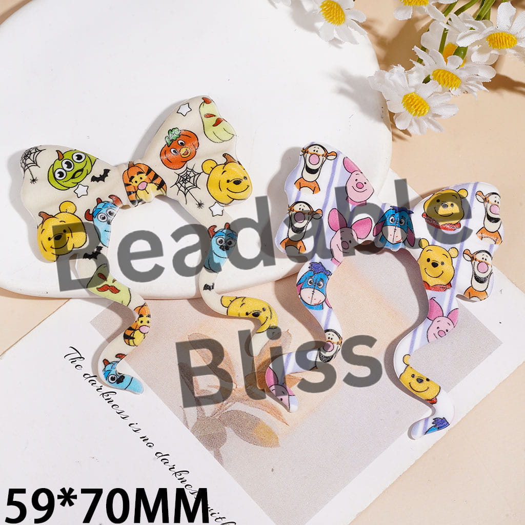 Silicone Focal Beads Bowtie with Long Ribbon Classic Animation Character Print, 59*70MM Random Mix