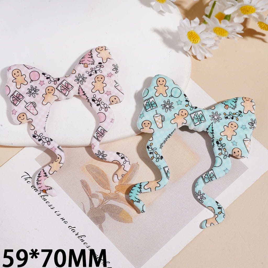 Silicone Focal Beads Bowtie with Long Ribbon Gingerbread Man, 59*70MM Light Pink and Light Teal Random Mix