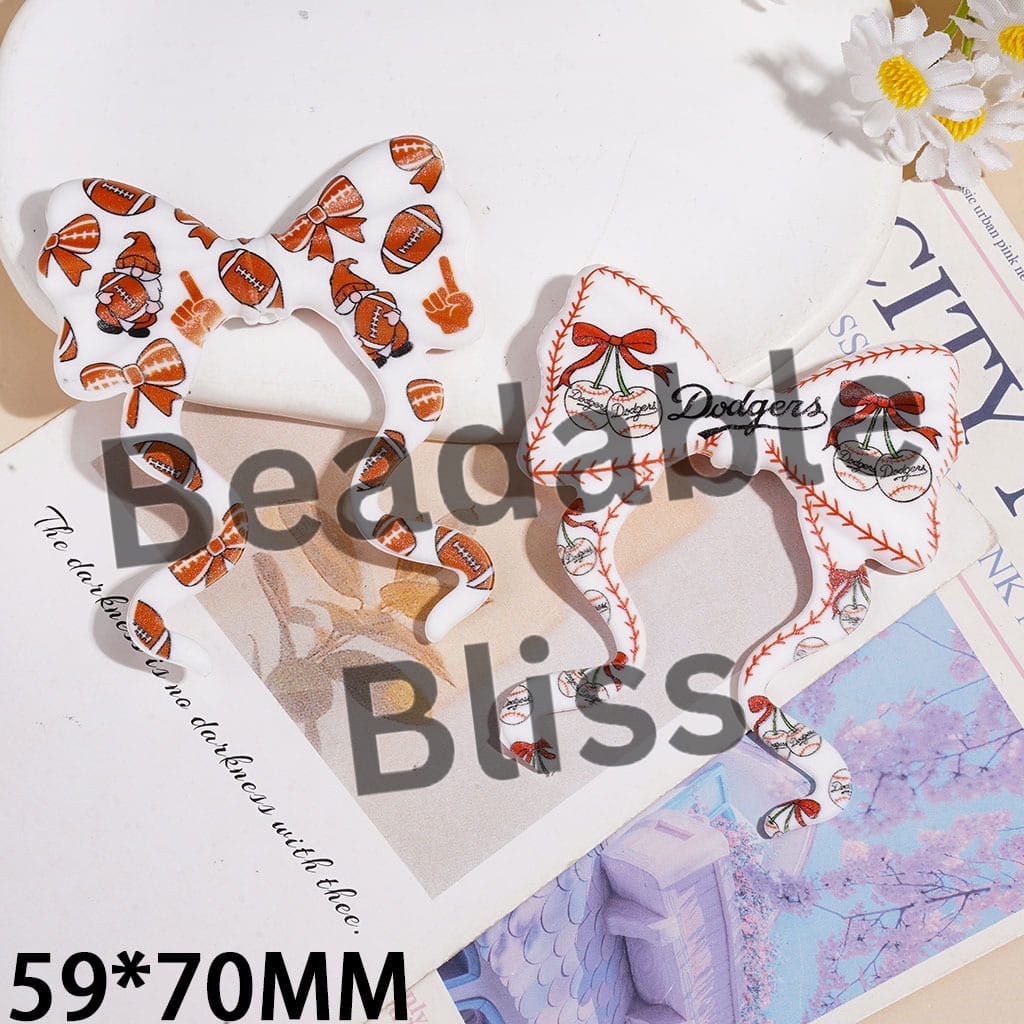 Silicone Focal Beads Bowtie with Long Ribbon Sport American Football Baseball, 59*70MM Random Mix