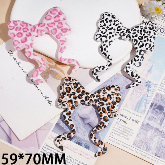 Silicone Focal Beads Bowtie with Long Ribbon Leopard Print Series, 59*70MM Multi-Color Random Mix