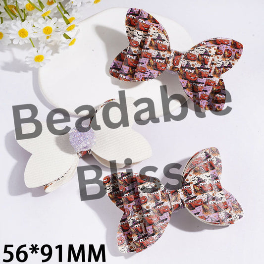 Acrylic Sugar Beads with AB Rhinestone and Clear Ball Chains, Fabric Bowtie with Sports Car Character, Halloween Theme, 56*91MM