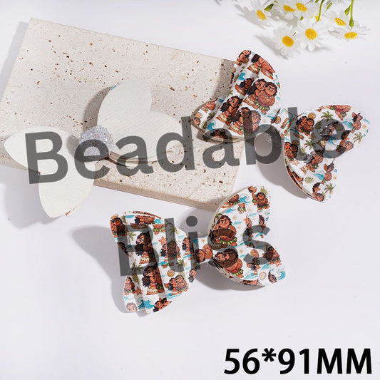 Sugar Beads w Sea Navigator Adventure Characters Printed Fabric Bowtie, White Pearl & Cone Shaped AB Rhinestones, Clear Round Loop, 56*91MM