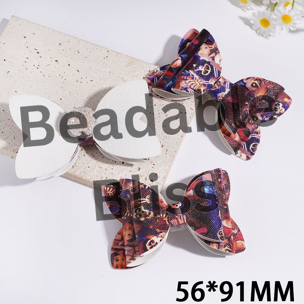 Day of the Dead Fabric Bowtie with Guitar Skull Boy Character Pattern Sugar Beads, Cone Shaped AB Rhinestones & Clear Round Loop, 56*91MM