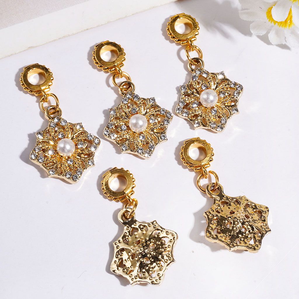 Gold Alloy Bail Loop Beads, Snowflake Flower with Clear & White Pearl for Hanging Charms or Pendants