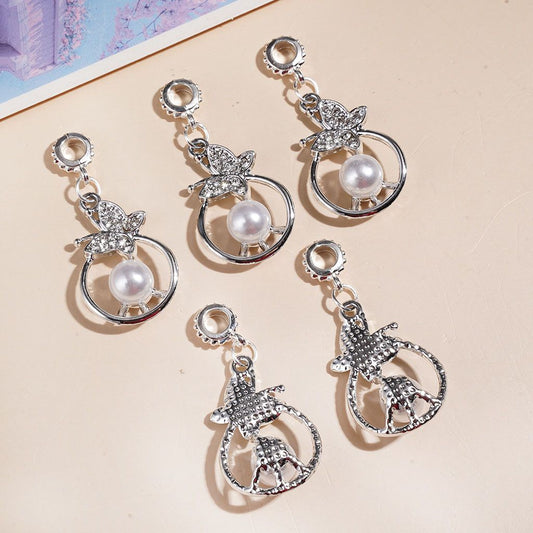 Silver Alloy Bail Loop Beads with Charm Pendants Hollowed Circle with Big Pearl Butterfly and Clear Rhinestones, Jewelry Accessories