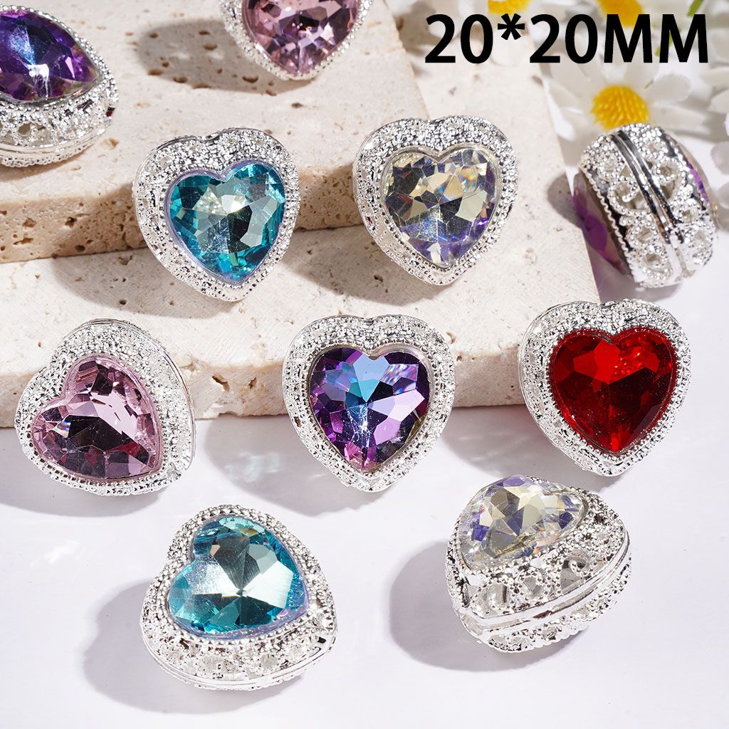 Alloy Beads Heart with Shiny Rhinestones and Hollowed Floral Texture, 20*20MM, Multi-Color, Random Mix