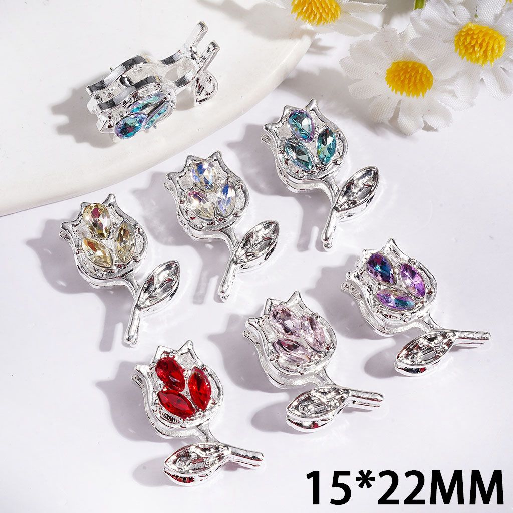 Silver Metal Beads Rose Flower with Tear Drop Shaped Rhinestones, 15*22MM, Various Colors, Random Mix