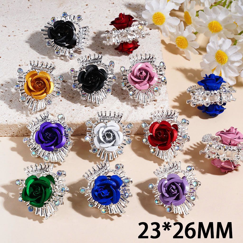Heart Frame with Crown Rose Flower AB Rhinestones Silver Metal Beads, 23*26MM, Random Mix, Multicolor
