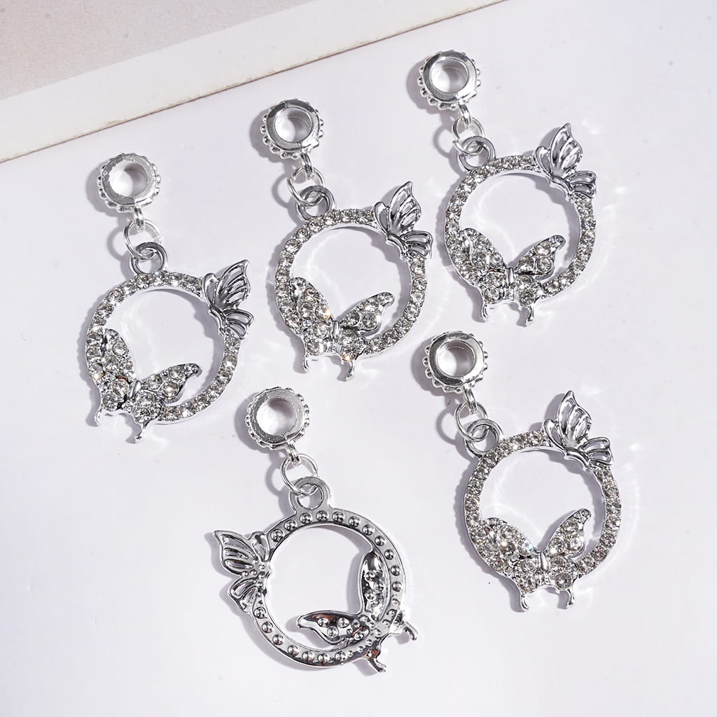 Silver Metal Bail Loop Beads, Charm Pendants Hollowed Rounded Frame with Butterfly and Clear Rhinestones, Jewelry Accessories