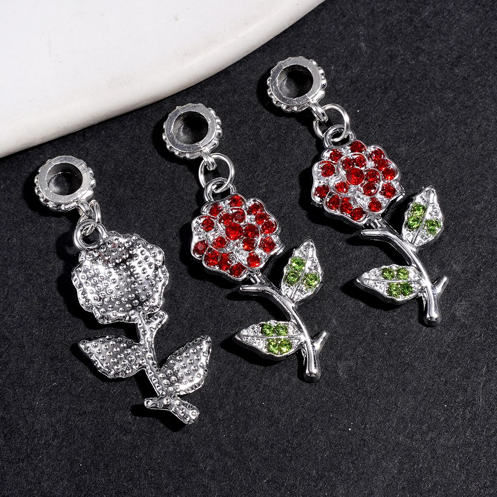Silver Alloy Bail Beads Flower with Red Green Clear Rhinestones, Charm Pendant Jewelry Accessories