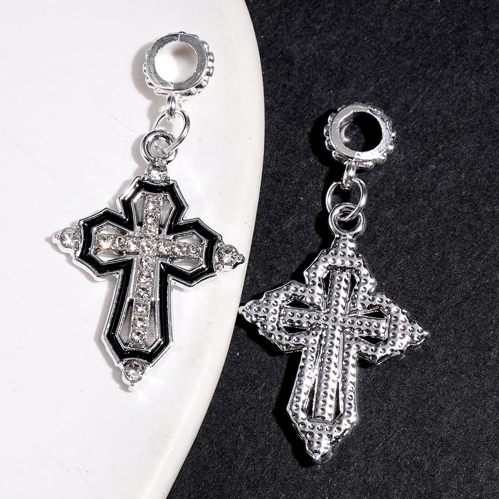 Alloy Bail Beads with Charms Pendants Cross, with Clear Rhinestones and Black Border, Jewelry Accessories