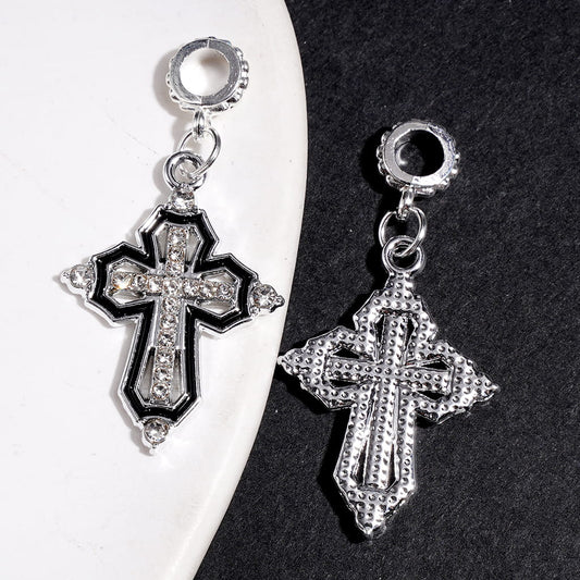 Alloy Bail Beads with Charms Pendants Cross, with Clear Rhinestones and Black Border, Jewelry Accessories