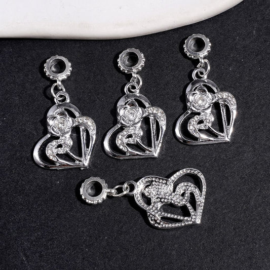 Silver Alloy Bail Beads Double Heart with Flower and Clear Rhinestones, Charm Pendant Jewelry Accessories
