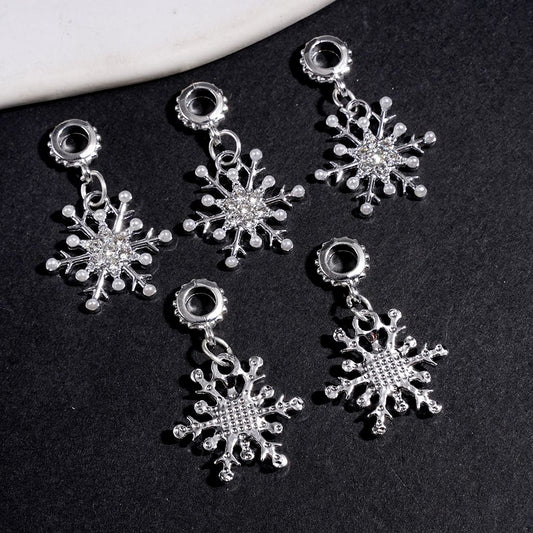 Silver Alloy Bail Beads Snowflake with White Pearls and Clear Rhinestones, Charm Pendant Jewelry Accessories