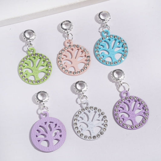 Alloy Bail Loop Beads, Charm Pendants Hollowed Round Frame with Tree and Clear Rhinestones, Jewelry Accessories, Multi-Color, Random Mix