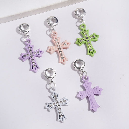 Silver Metal Bail Loop Beads, Charm Pendants Cross with Clear Rhinestones, Jewelry Accessories, Multi-Color Random Mix
