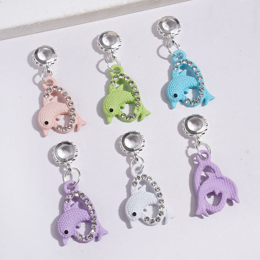 Alloy Bail Loop Beads, Charm Pendants Hollowed Oval Frame with Dolphin and Clear Rhinestones, Jewelry Accessories, Multi-Color, Random Mix