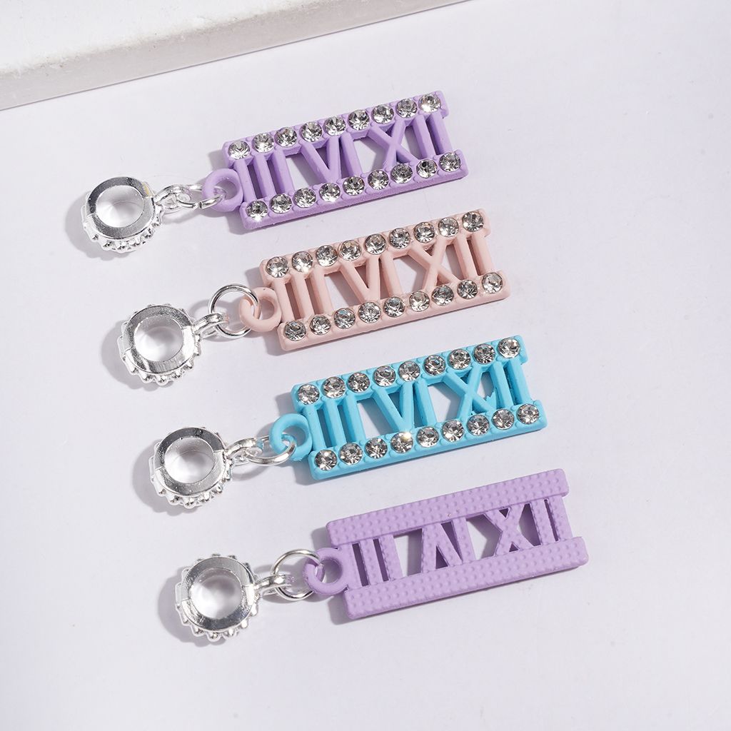 Alloy Bail Loop Beads, Charm Pendants Hollowed Rectangle Shape with Number and Clear Rhinestones, Jewelry Accessories, Multi-Color Random Mix