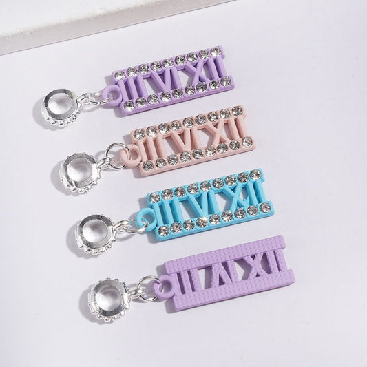 Alloy Bail Loop Beads, Charm Pendants Hollowed Rectangle Shape with Number and Clear Rhinestones, Jewelry Accessories, Multi-Color Random Mix