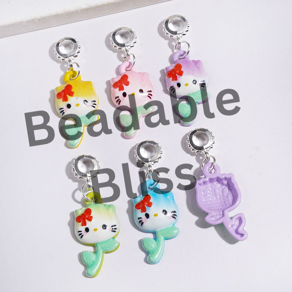 Silver Metal Bail Loop Beads, Charm Pendants Flower Shaped Cute Cat Character with Bowtie, Jewelry Accessories, Multi-Color Random Mix
