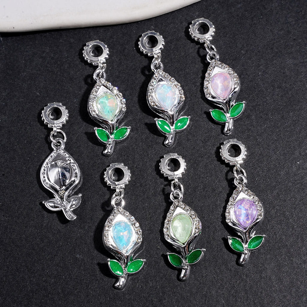 Charm Pendants Tulip with Water Drop and Clear Rhinestones, Alloy Bail Beads for DIY Jewelry Accessories, Multi-Color Random Mix