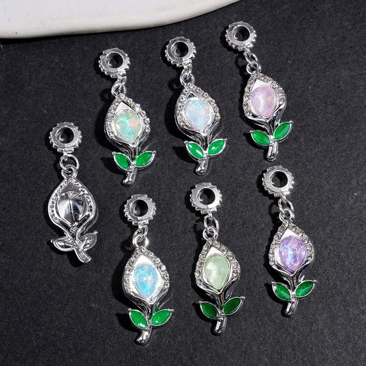 Charm Pendants Tulip with Water Drop and Clear Rhinestones, Alloy Bail Beads for DIY Jewelry Accessories, Multi-Color Random Mix