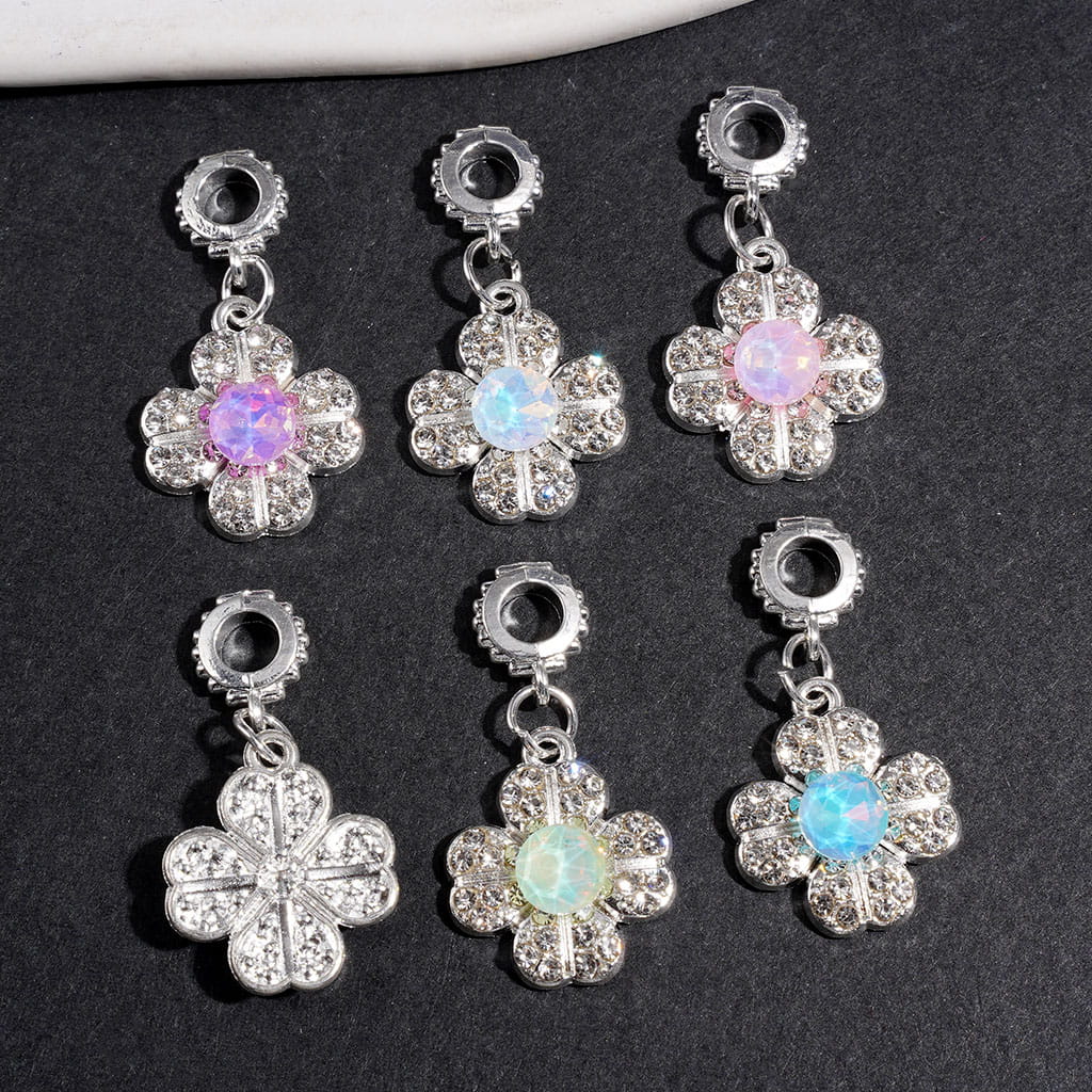 Silver Alloy Bail Loop Beads, Four Clover Leaf with Round Shaped and Clear Rhinestones for Hanging Charms or Pendants, Multi-Color Random Mix