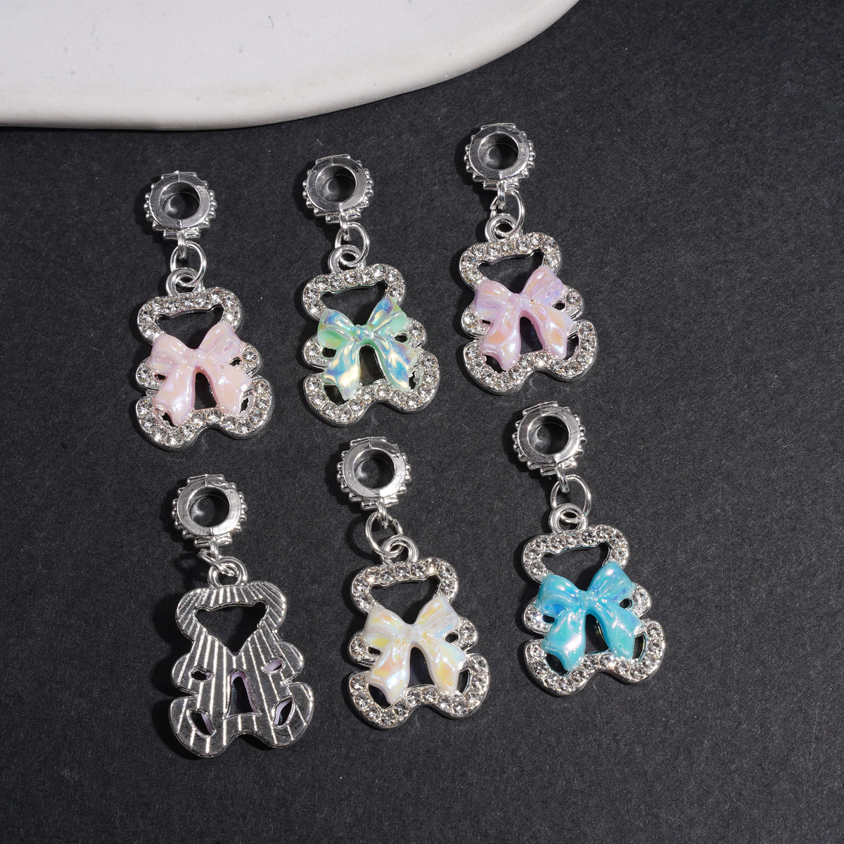 Charm Pendants Bear with UV-Coated Bowtie and Clear Rhinestones, Alloy Bail Beads for DIY Jewelry Accessories, Multi-Color Random Mix