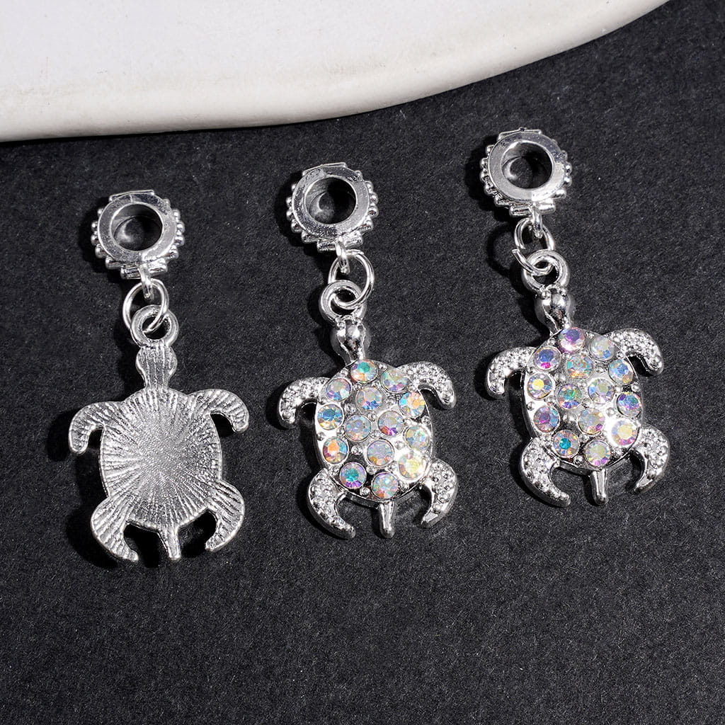 Silver Alloy Bail Loop Beads, Turtle with AB Rhinestones for Hanging Charms or Pendants