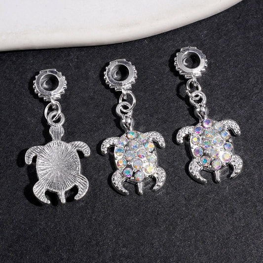 Silver Alloy Bail Loop Beads, Turtle with AB Rhinestones for Hanging Charms or Pendants