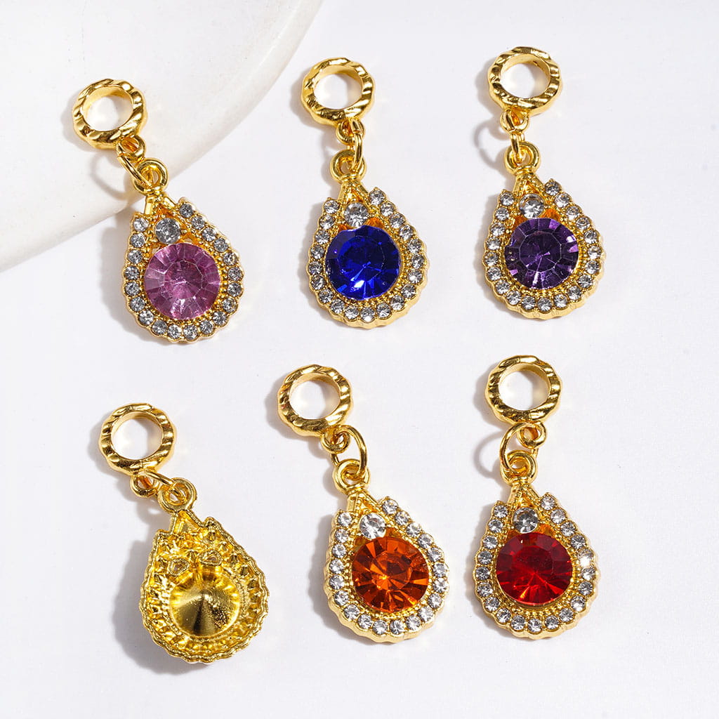Gold Alloy Bail Loop Beads, Water Drop Shaped Pendants with Big Cone Shaped and Shiny Rhinestones for Hanging Charms, Multi-Color Random Mix