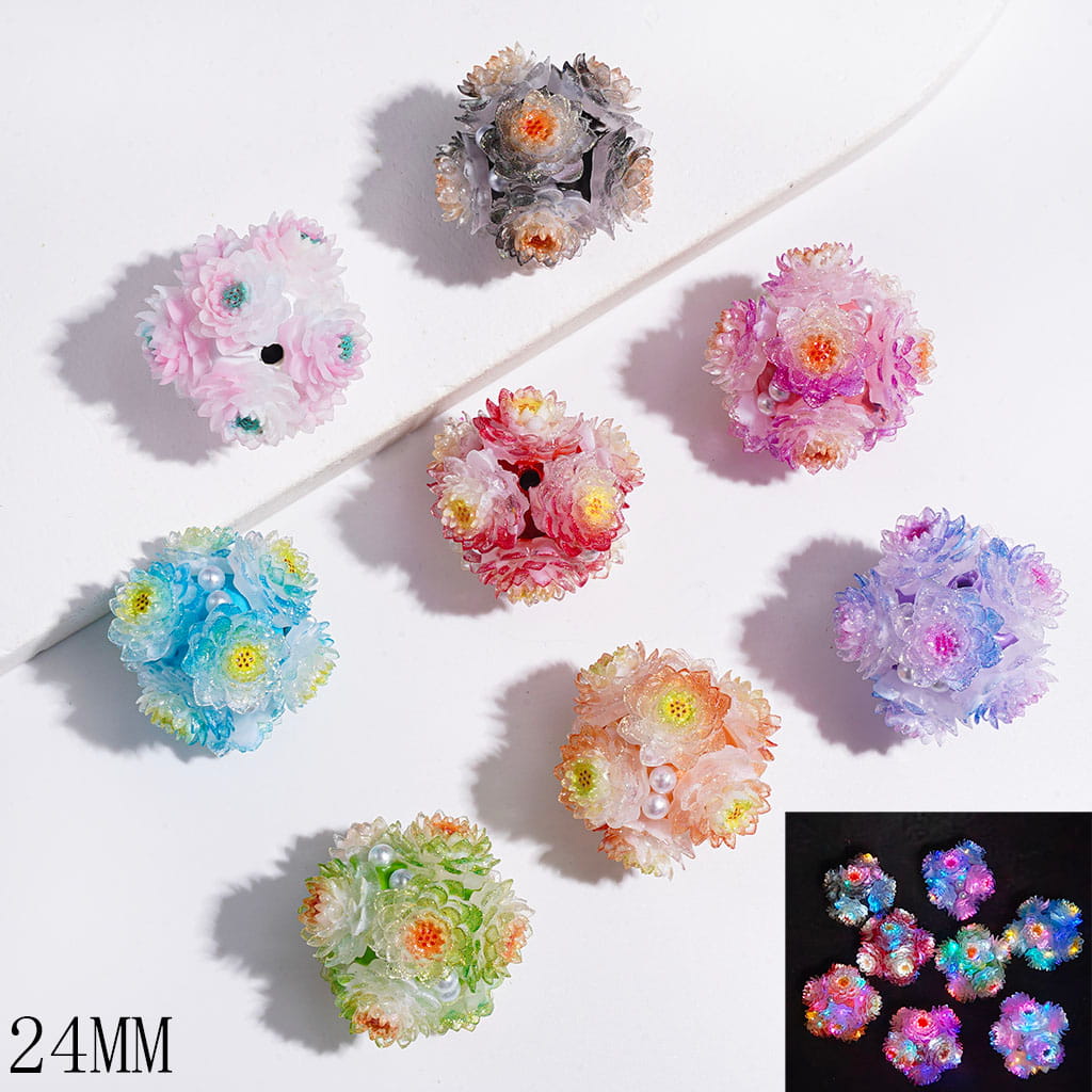White Pearls and Double Colors Clear Lotus Flower with Glitter Luminous Clay Beads, 24MM, Multi-Color, Random Mix