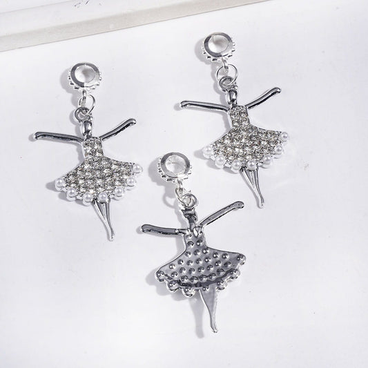 Alloy Bail Loop Beads, Charm Pendants Ballet Dancer with White Pearl and Clear Rhinestones