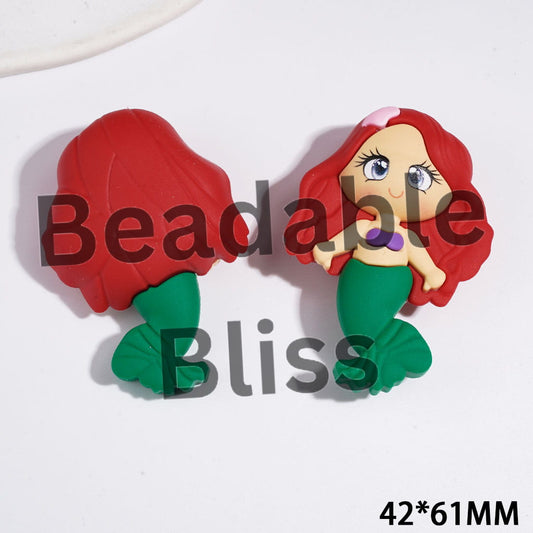Beautiful Mermaid Princess Character with Red Hair Soft PVC Rubber Figurine, 42*61MM (No-Hole)