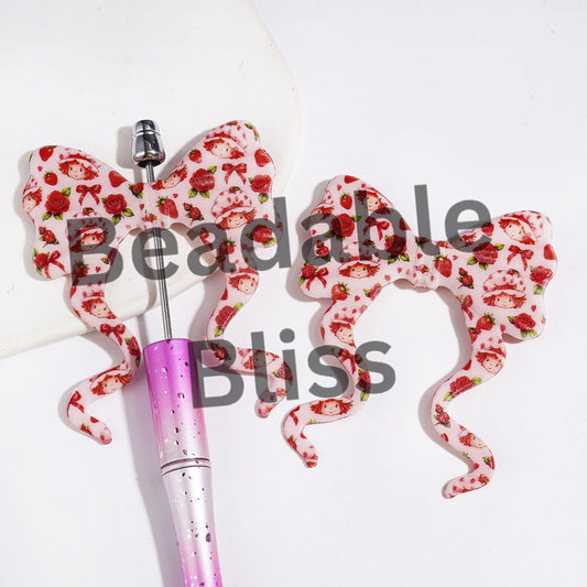 Silicone Focal Beads Bowtie Bowknot with Long Ribbon and Strawberry Girl Flower Print, Pink Background, 59*70MM