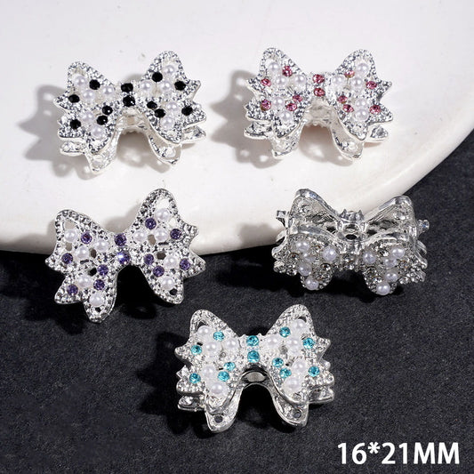 Silver Metal Beads Bowtie with White Pearl and Shiny Rhinestones, 16*21MM Multi-Color Random Mix
