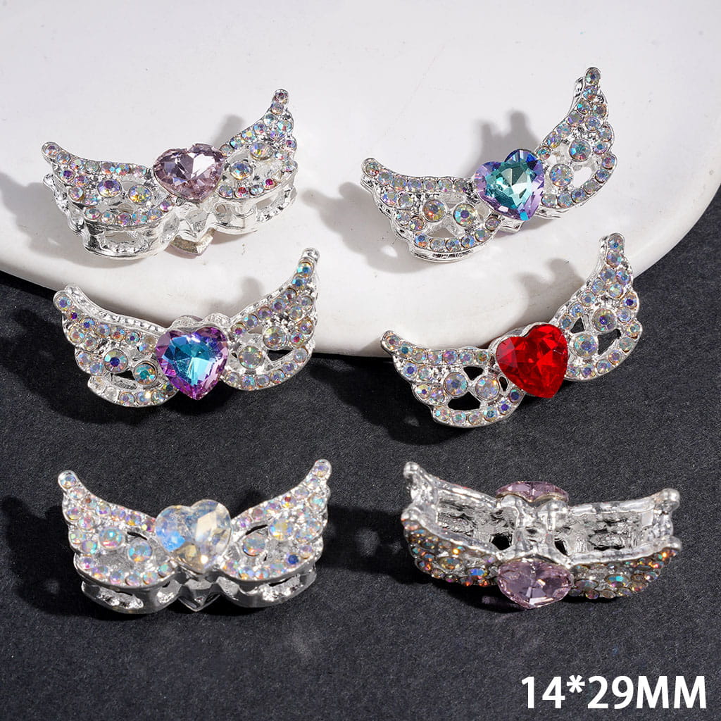 Silver Fancy Metal Beads Angel Wings with Shiny Heart and AB Rhinestones, 14*29MM Multi-Color Random Mix