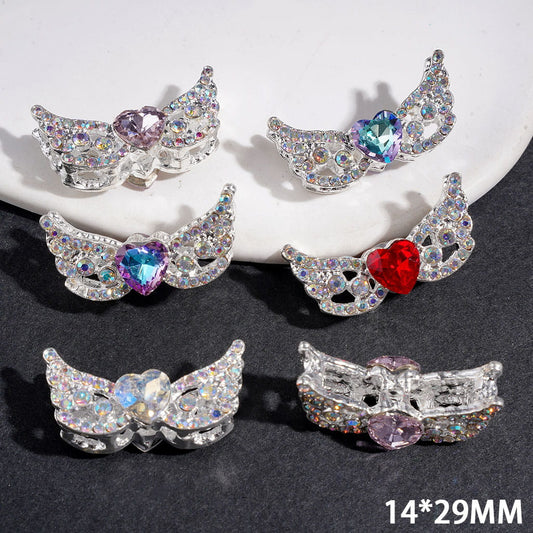 Silver Fancy Metal Beads Angel Wings with Shiny Heart and AB Rhinestones, 14*29MM Multi-Color Random Mix