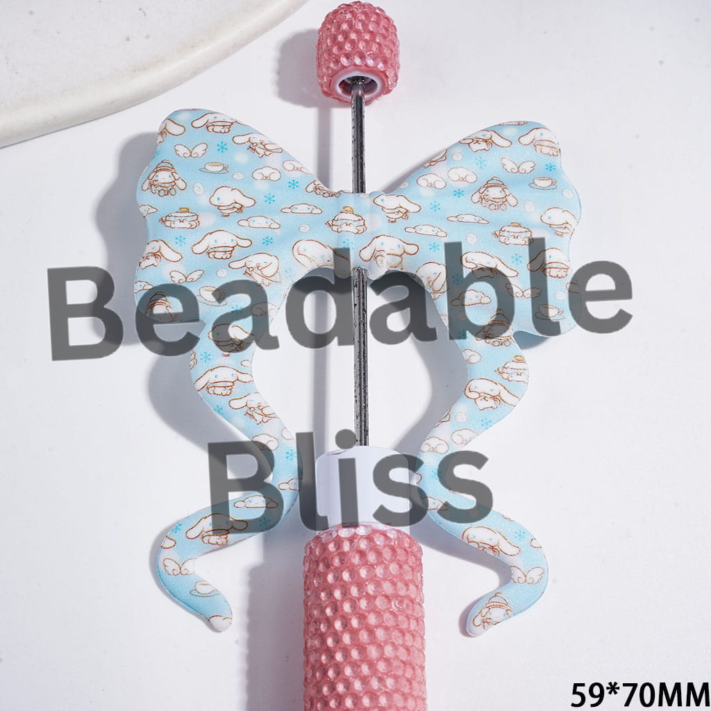Silicone Focal Beads Soft Bowtie, Bowknot with Long Ribbon and Cute Big Ears Dog Character on Light Blue Background, 59*70MM