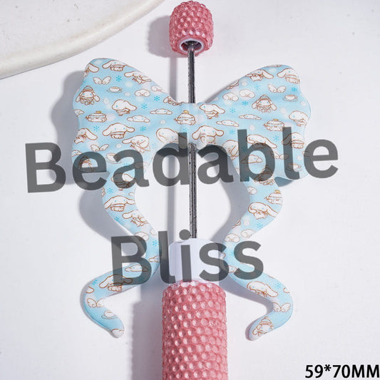 Silicone Focal Beads Soft Bowtie, Bowknot with Long Ribbon and Cute Big Ears Dog Character on Light Blue Background, 59*70MM