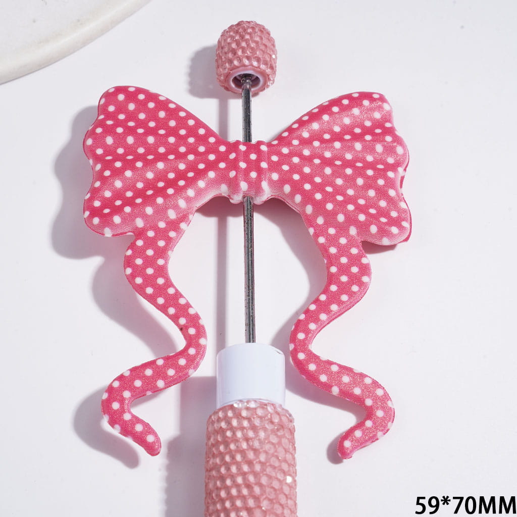 Silicone Focal Beads Soft Bowtie, Bowknot with Long Ribbon and White Polka Dots on Rose Red Background, 59*70MM