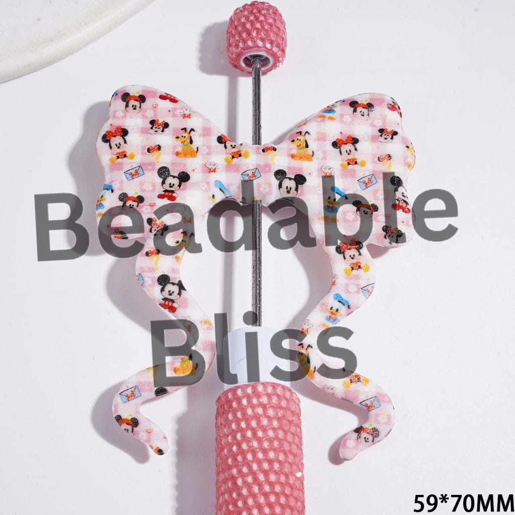 Classic Animal Characters Girl and Boy Mouse Duck Dog with Pink White Checkerboard, Silicone Focal Beads Soft Bowtie with Long Ribbon, 59*70MM