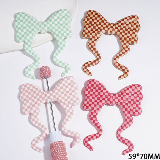 Silicone Focal Beads Soft Bowtie, Bowknot with Long Ribbon and Checkerboard Print, 59*70MM Multi-Color Random Mix