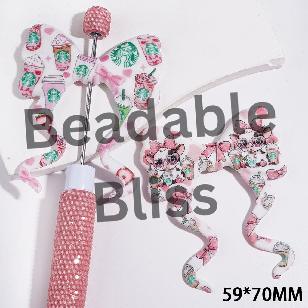 Focal Beads Soft Bowtie, Bowkont with Long Ribbon and Coffee Cow Pink Bowtie Print, 59*70MM Random Mix