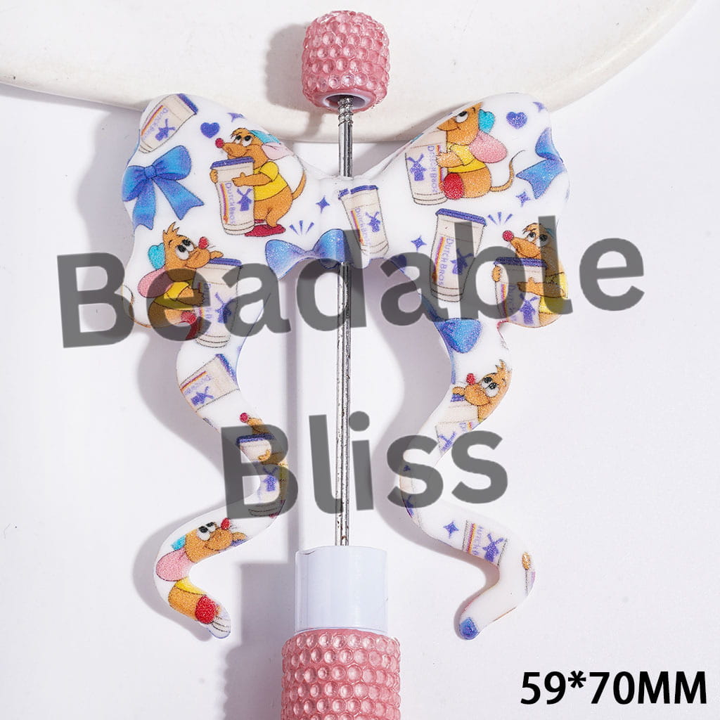 Focal Beads Soft Bowtie, Bowkont with Long Ribbon and Orange Yellow Mouse Holding Coffee Cup Blue Bowtie Print, 59*70MM