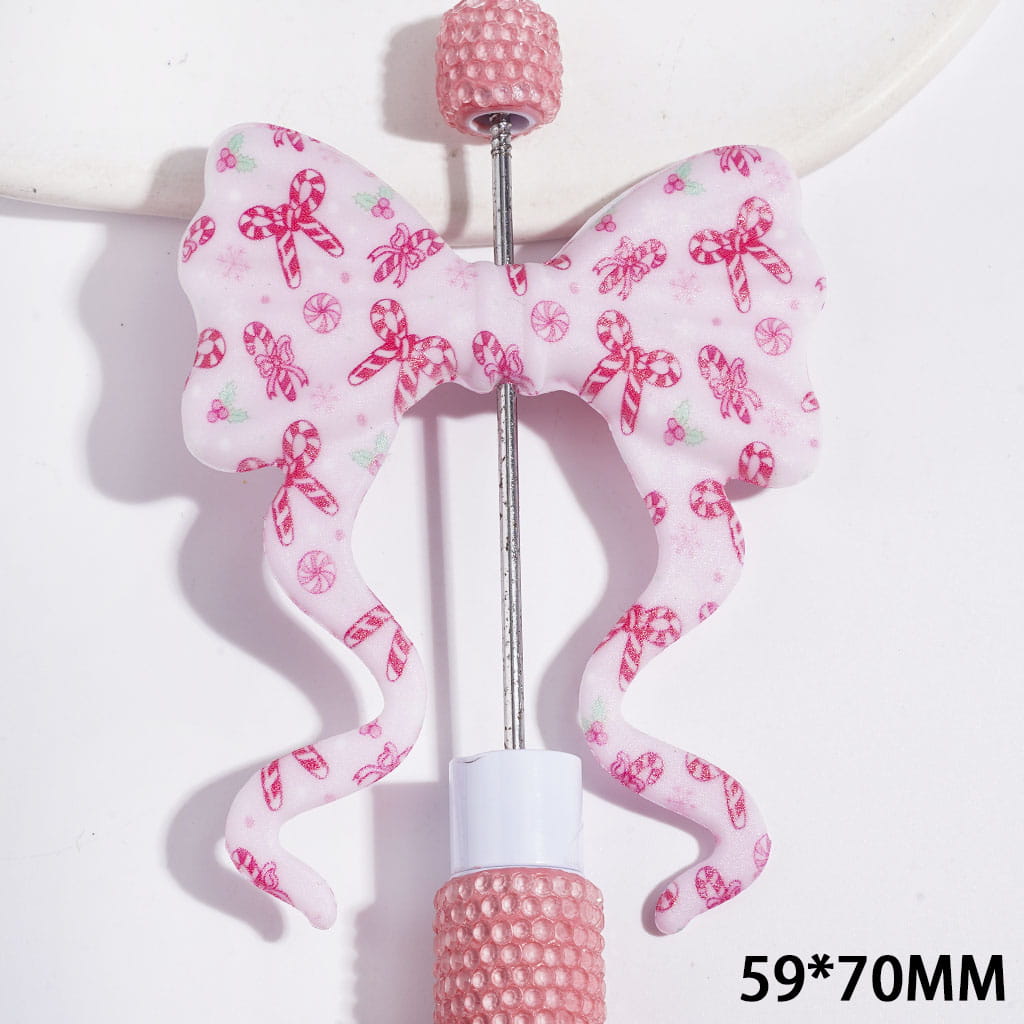 Focal Beads Soft Bowtie, Bowkont with Long Ribbon and Pink Bow Candy Cane Print, Christmas Theme, 59*70MM